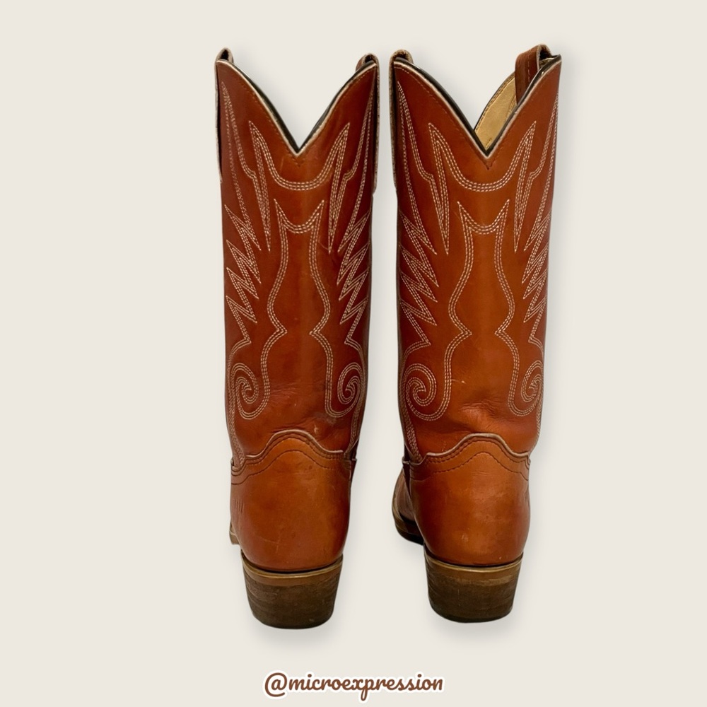 VINTAGE 1990s Frye Brown Tan Leather Pull On Low Heel Western Boho Cowboy Boot - Picture 12 of 16